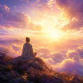 Person sitting above the clouds at sunrise with warm golden light, representing optimism, hope and positive expectation