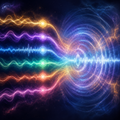 Abstract colored sound waves converging into one resonance pattern representing the full Solfeggio frequency sequence in Mind Sync 3D