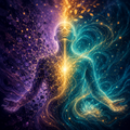 Abstract figure surrounded by golden and teal energy representing healing visualization, recovery, wellbeing and renewed vitality