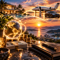 Luxury home, private jet, car, cash and gold coins representing money manifestation, wealth visualization and financial abundance goals