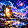 Bright cosmic portal, moon, galaxy and glowing waveforms representing Theta Meditation binaural music for deep theta meditation and altered-state practice