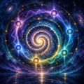 Cosmic spiral with Solfeggio frequency markers representing a 60-minute meditation journey through the full 10-frequency sequence