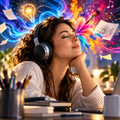 Woman wearing headphones surrounded by colorful creative imagery representing Improve Creativity Mind Sync Original brainwave audio