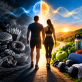Man and woman walking toward a healthier lifestyle with nutritious food and fitness imagery representing the Weight Loss Subliminal Pack