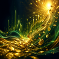 Golden coins flowing through emerald and gold light representing money, prosperity, abundance and financial growth