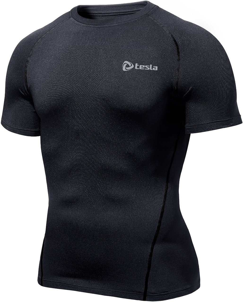 Mens Compression Black Short Sleeve Skins Gym Workout Fitness Tesla