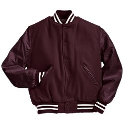 maroon and white varsity jacket