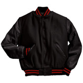Solid Black Varsity Letterman Jacket with Scarlet Red Stripes