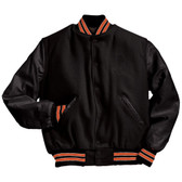 Solid Black Varsity Letterman Jacket with Orange and White Stripes