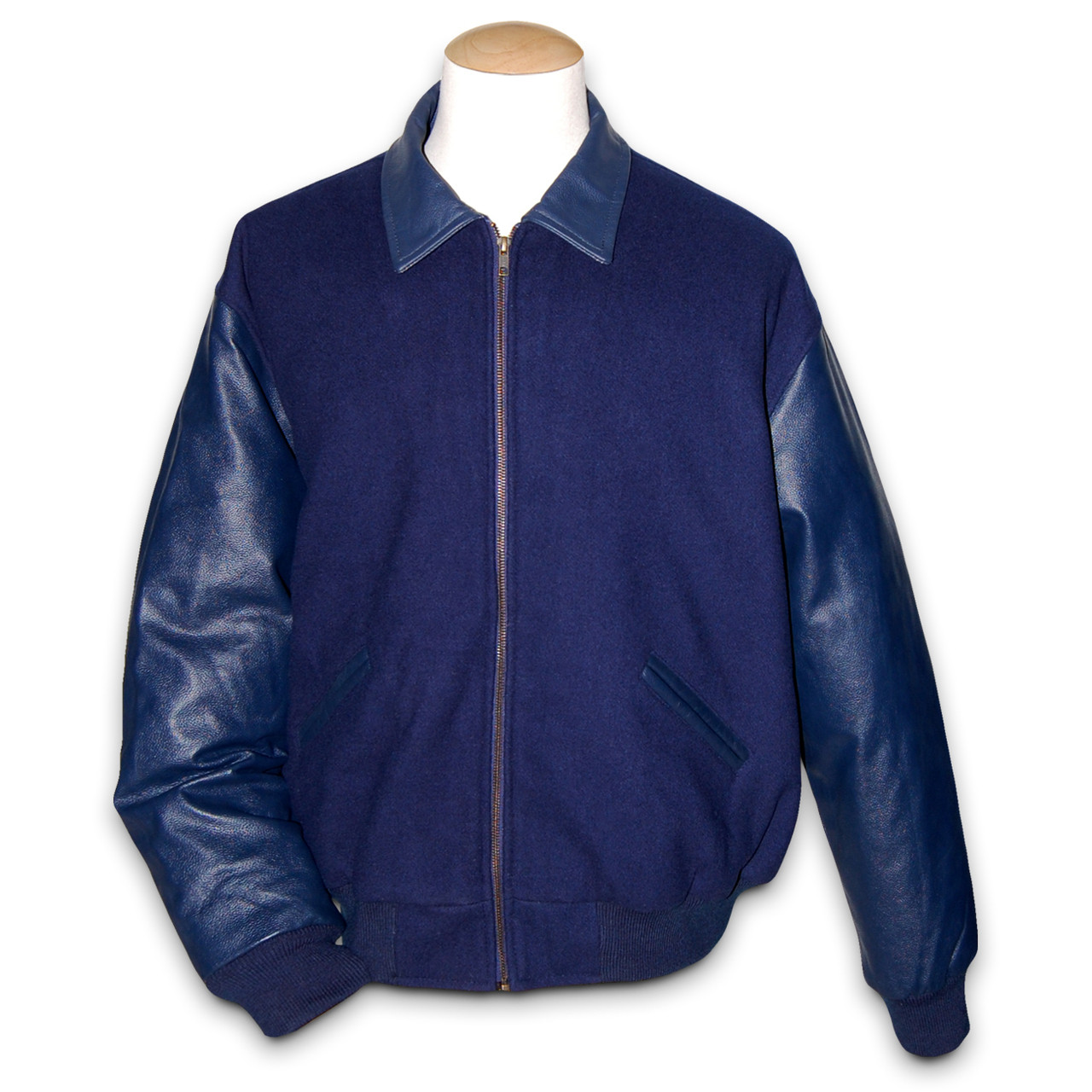 Men's Wool Navy Blue Varsity-Style Jacket with Black Leather Sleeves  *Limited Stock*
