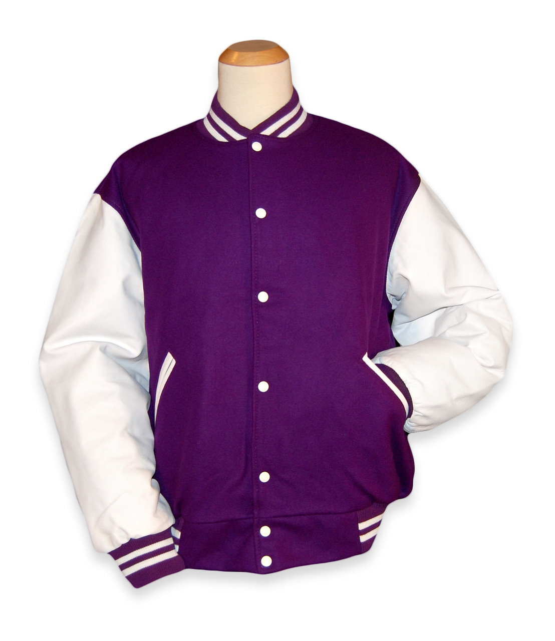 Purple Varsity Jacket White Leather Sleeves White Stripes L