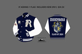 XX-LG LEROSEY JACKET WITH FRONT LOGO, LETTER INCLUDES SEW,STUDENTS NAME,LARGE BACK LOGO, CLASS OF (YEAR THEY WANT, 1 FLAG WITH SEW ON SLV OR SLVS )
