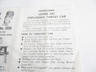 LIONEL POST-WAR HO INSTRUCTION SHEET FOR EXPLODING TARGET CAR EXC. - H16