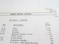 LIONEL POSTWAR- ONE PAGE SERVICE MANUAL PAGE FOR TENDERS.FREIGHT CARS - B8
