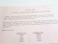LIONEL POSTWAR- ONE PAGE SERVICE STATION NOTICE ABOUT RACEWAY SETS FOR SEARS- B8