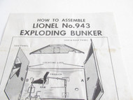 LIONEL POST-WAR INSTRUCTION SHEET 1959 #943 EXPLODING BUNKER ASSEMBLY EXC.