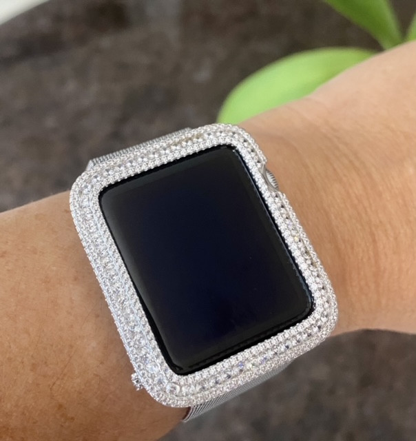 EMJ Series 1,2,3 Bling Apple Watch Zirconia White Gold Silver Case