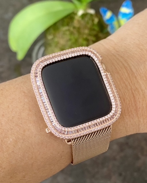 EMJ Bling Pink Zirconia Baguette Bezel Case Face Cover and /or Rose Gold  Apple Milanese Mesh Band for Series 4,5,6,SE 40/44 mm Set