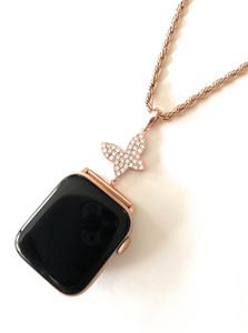 EMJ Bling Apple Watch Rose Gold Butterfly Charm Pendant Adapter & Rope Chain Necklace 38/40/42/44mm
