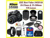 Nikon D5100 Digital SLR Camera with Nikon 18-55mm VR Lens, Nikon 55-200mm VR Lens, 3 Extra Lens,  16GB SDHC Memory Card, Plus More