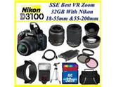 The Nikon D3100 SLR Digital Camera with Nikon 18-55m f/3.5-5.6G VR Lens and Nikon AF-S DX VR Zoom-Nikkor 55-200mm f/4-5.6G IF-ED Lens + Huge 32GB, Lens And Trip
