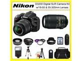Nikon D3200 Digital SLR Camera Kit with 18-55 & 55-300mm Lenses + 0.45X Wide Angle Lens, 2X Telephoto Lens, 3 Piece Filter Kit, 32GB Memory Card, 50" Tripod, Sl