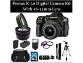 Pentax K-30(Black) Digital Camera Kit with 18-55mm Lens. Includes: 3 Piece Filter Kit(UV-CPL-FLD), Digital Flash, 16GB Memory Card, Tripod, Carrying Case & much