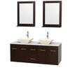 Centra 60 In. Double Vanity in Espresso with Solid SurfaceTop with Bone Porcelain Sinks and 24 In. Mirrors