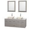 Centra 60 In. Double Vanity in Gray Oak, White Carrera Top, Bone Porcelain Sinks and 24 In. Mirrors