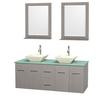 Centra 60 In. Double Vanity in Gray Oak with Green Glass Top with Bone Porcelain Sinks and 24 In. Mirrors