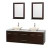 Centra 72 In. Double Vanity in Espresso with Solid SurfaceTop with Bone Porcelain Sinks and 24 In. Mirrors