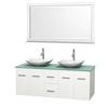 Centra 60 In. Double Vanity in White with Green Glass Top with White Carrera Sinks and 58 In. Mirror