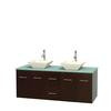Centra 60 In. Double Vanity in Espresso with Green Glass Top with Bone Porcelain Sinks and No Mirror