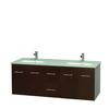 Centra 60 In. Double Vanity in Espresso with Green Glass Top with Square Sinks and No Mirror