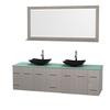 Centra 80 In. Double Vanity in Gray Oak with Green Glass Top with Black Granite Sinks and 70 In. Mirror