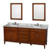 Hatton 80 In. Vanity in Light Chestnut with Marble Top in Carrara White with White Sinks and Mirrors