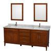 Hatton 80 In. Vanity Light Chestnut with Marble Top in Carrara White with Square Sinks and Mirrors