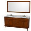Hatton 72 In. Vanity in Light Chestnut with Marble Top in Carrara White, Sinks and 70 In. Mirror