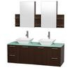 Amare 60 In. Double Vanity in Espresso with Glass Vanity Top in Aqua and White Porcelain Sinks