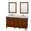 Hatton 60 In. Double in Light Chestnut with Marble Top in Carrara White with White Sinks and Mirrors