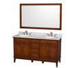 Hatton 60 In. Double in Light Chestnut with Marble Top in Carrara White, Sinks and 56 In. Mirror