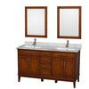 Hatton 60 In. Double Light Chestnut with Marble Top in Carrara White with Square Sinks and Mirrors