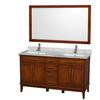 Hatton 60 In. Double in Light Chestnut with Marble Top in Carrara White with Square Sinks and Mirror
