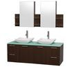 Amare 60 In. Double Vanity in Espresso with Glass Vanity Top in Aqua and Carrara Marble Sinks