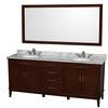 Hatton 80 In. Vanity in Dark Chestnut with Marble Top in Carrara White, Sinks and 70 In. Mirror