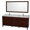 Hatton 80 In. Vanity in Dark Chestnut with Marble Top in Carrara White with Square Sinks and Mirror