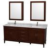 Hatton 80 In. Vanity in Dark Chestnut with Marble Top in Carrara White with Square Sinks and Med Cab