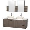 Amare 60 In. Double Vanity in Grey Oak with Man-Made Stone Top in White and Bone Porcelain Sinks