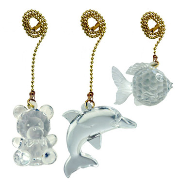 Acrylic Pullchain 3-Pack Teddy/Fish/Dolphin with 12 Inch (30.5 cm) Brass beaded Chain