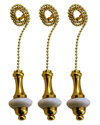 White Ceramic Pullchain 3-Pack with 12 Inch (30.5 cm) Brass beaded Chain